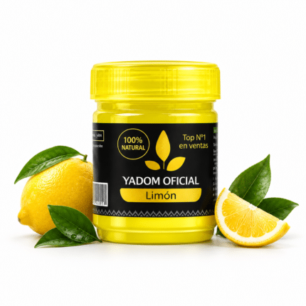 Bote amarillo YADOM Limón con limón y hojas sobre fondo blanco