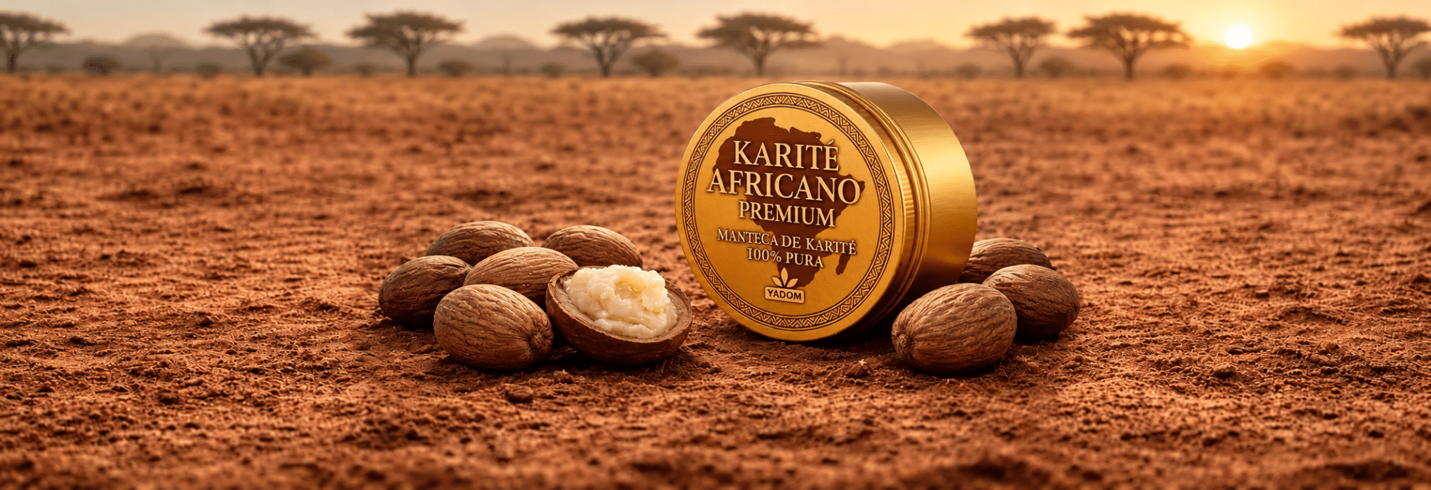 Manteca de karité africano YADOM con nueces de karité en un paisaje africano.