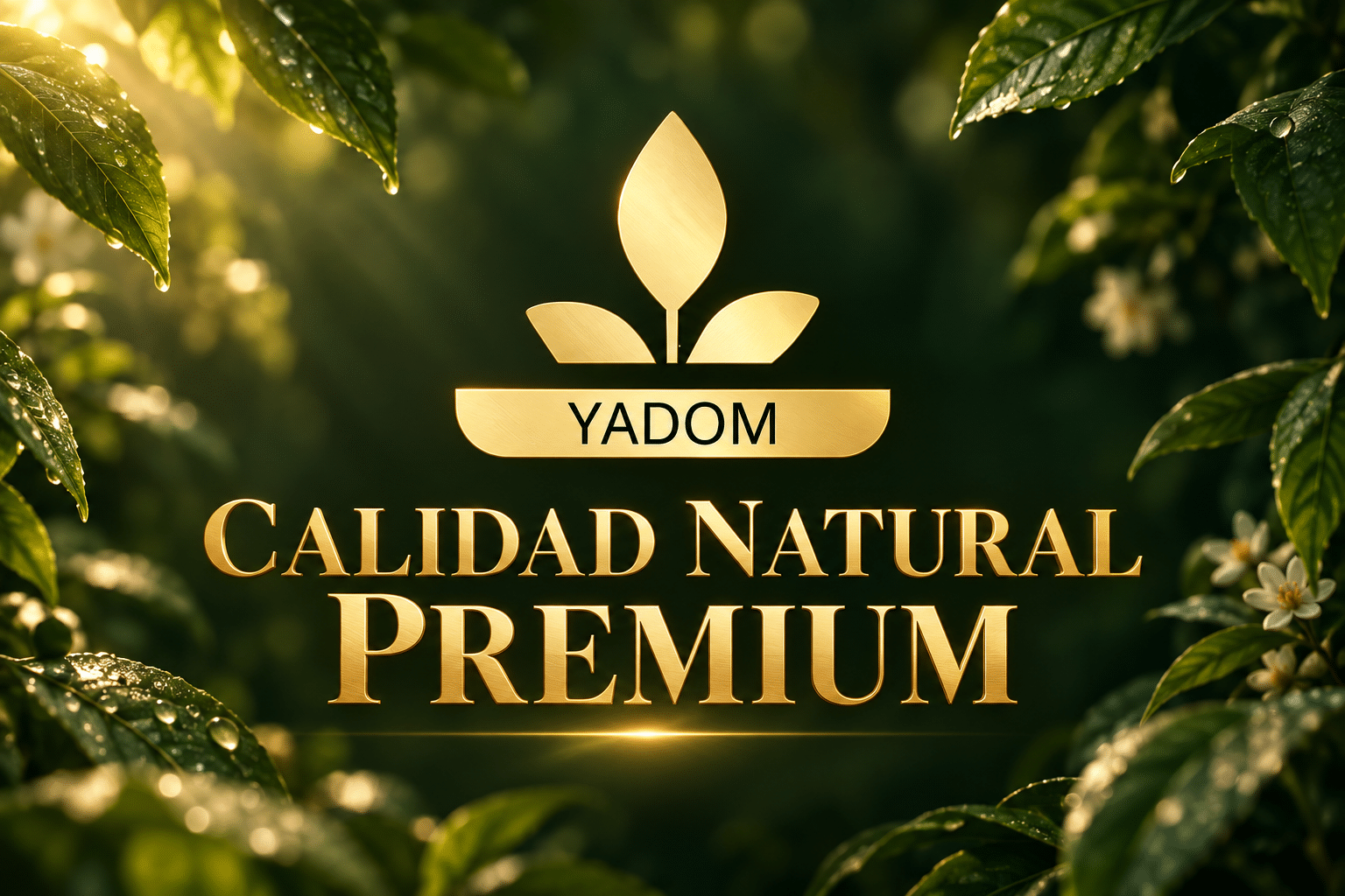 YADOM — Calidad Natural Premium. Logo dorado sobre un fondo de hojas verdes.