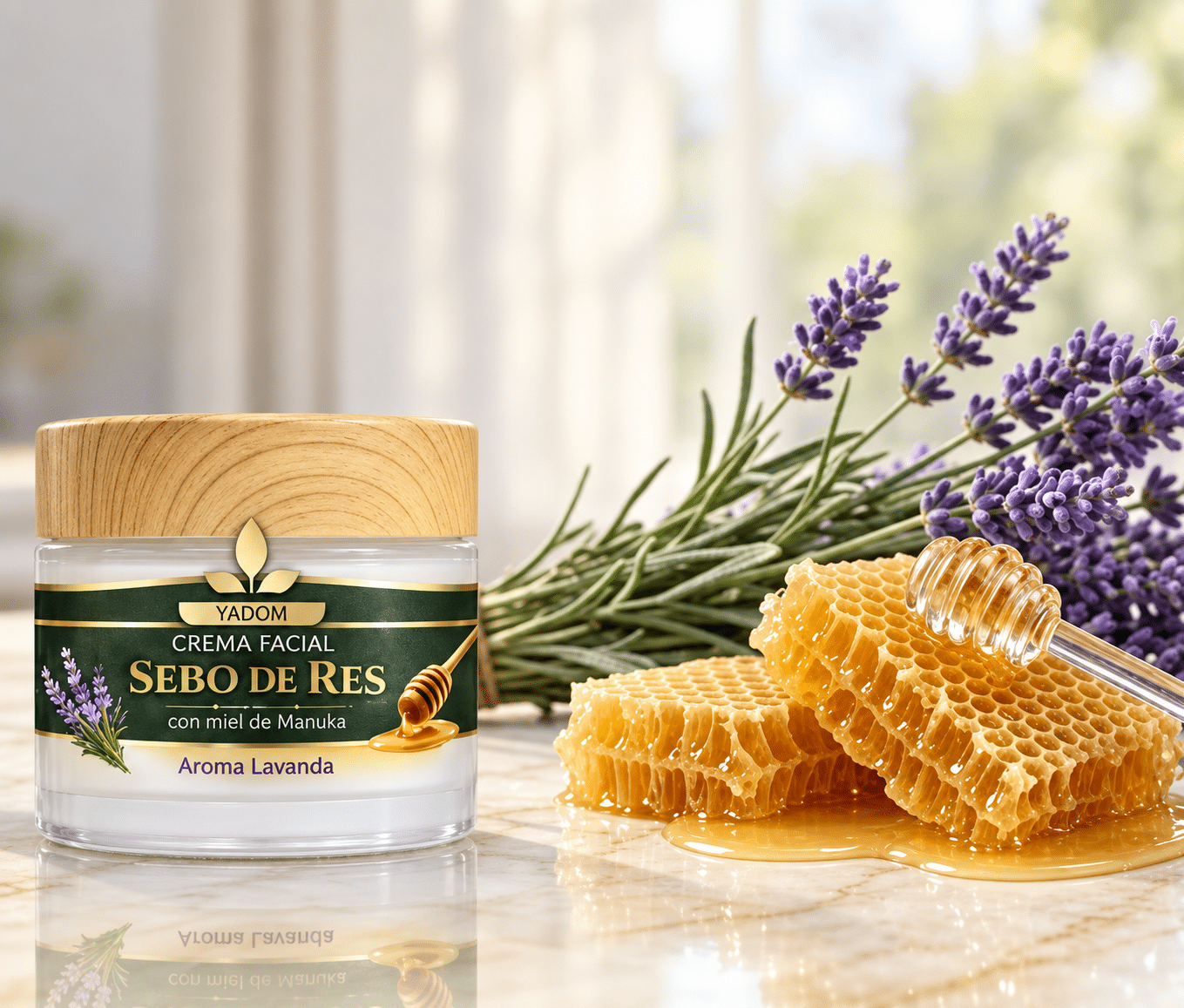 Crema facial YADOM de sebo de res con miel de Manuka, junto a panales de miel y lavanda.