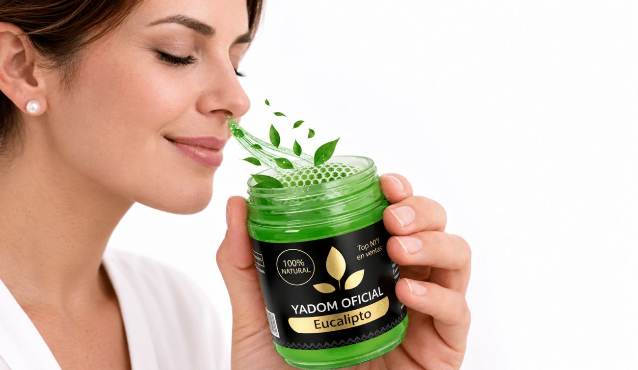 Mujer disfrutando del aroma del inhalador YADOM Eucalipto.