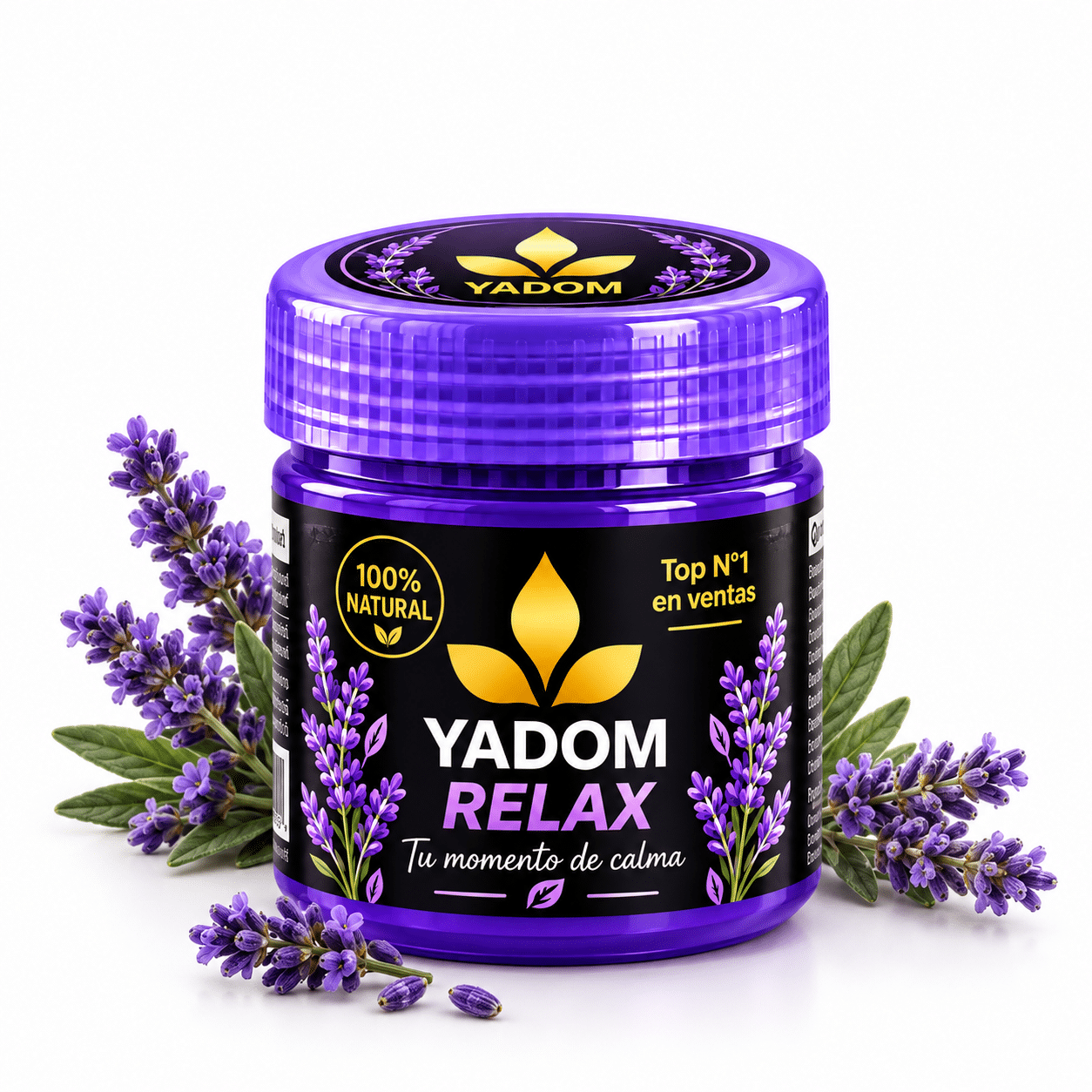 YADOM RELAX - bote con lavanda Bote morado YADOM RELAX junto a flores de lavanda